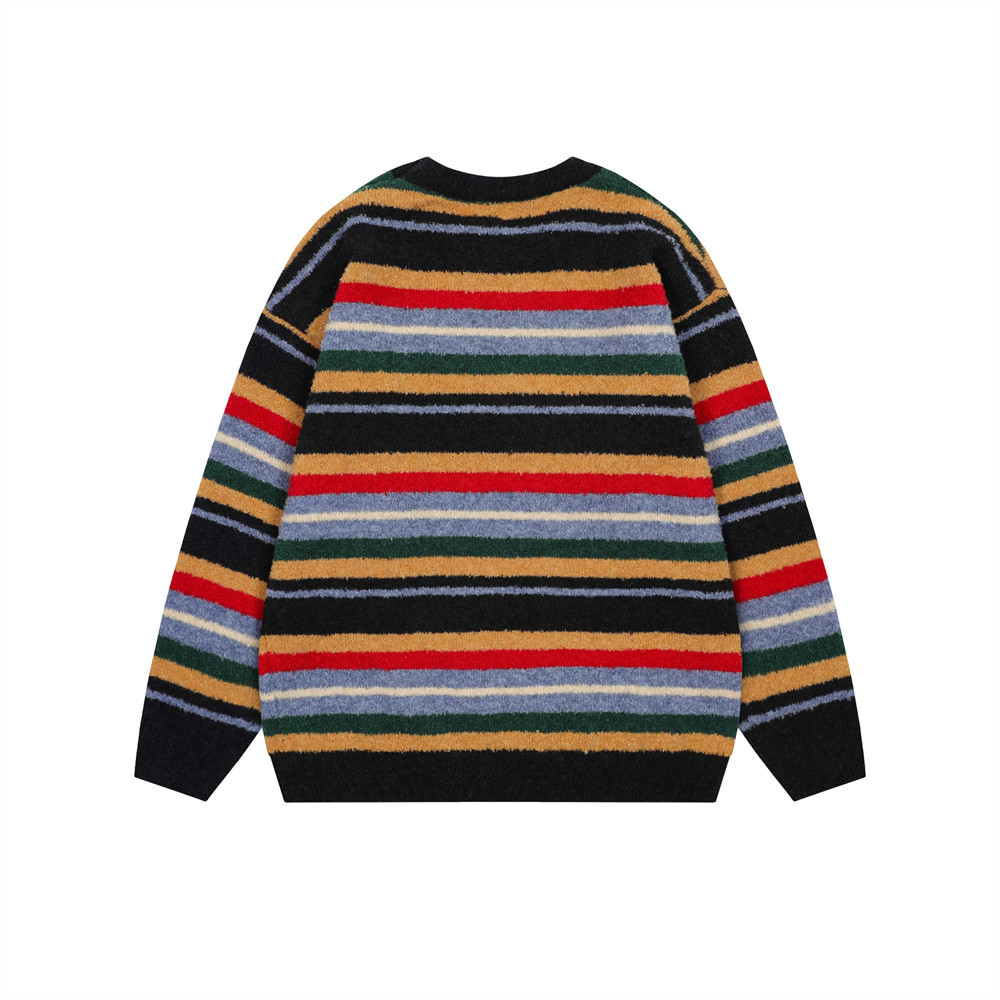 Sweter w paski z okrągłym dekoltem dla chłopców – kolorowy dzianinowy sweter, luźny krój i styl uliczny (S-XL)_voghion.com