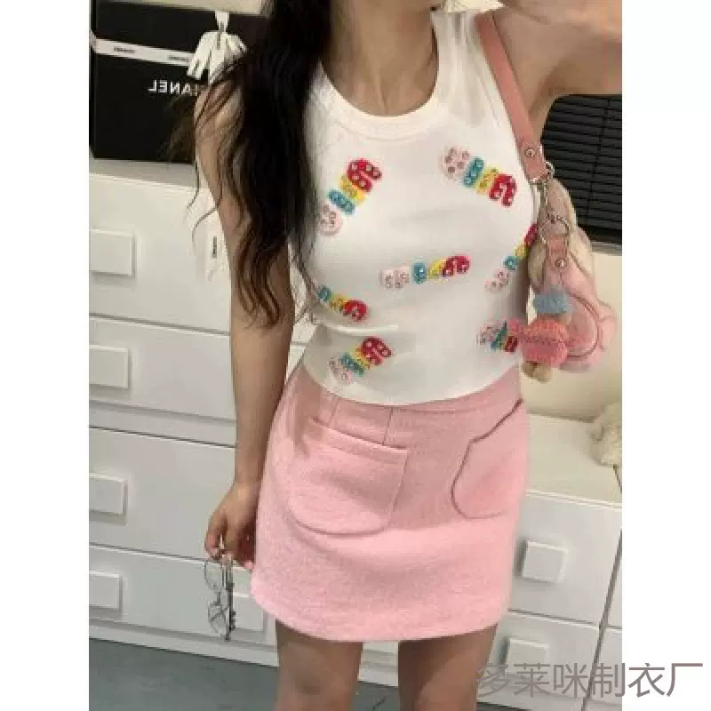 夏季新款镶钻针织背心无袖短款修身小个子甜辣酱百搭时尚气质衬衫