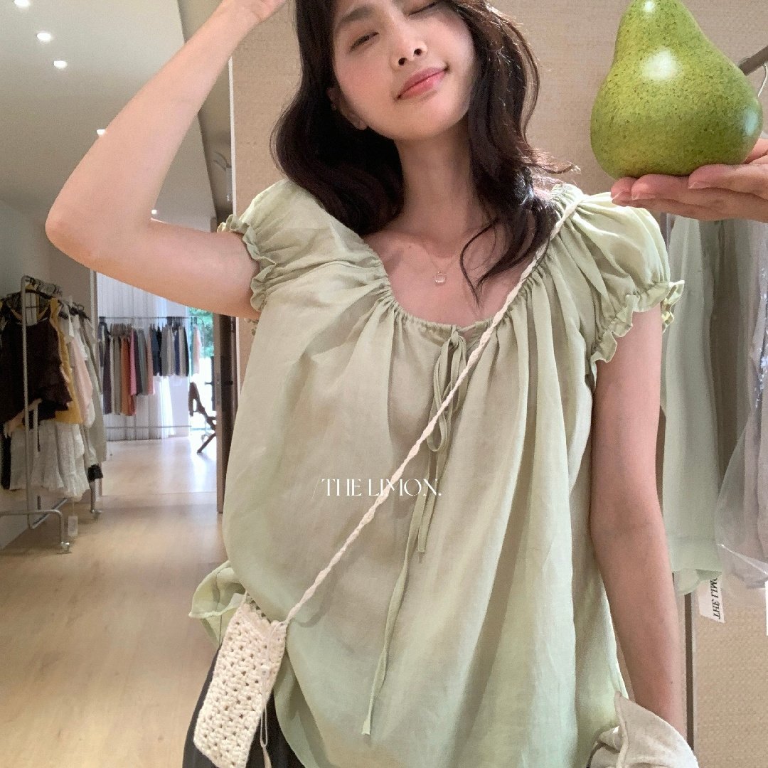 Áo sơ mi nữ tay bồng cổ sen buộc dây phong cách Pháp — Màu cà phê, màu cam, màu trắng, xanh lá cây