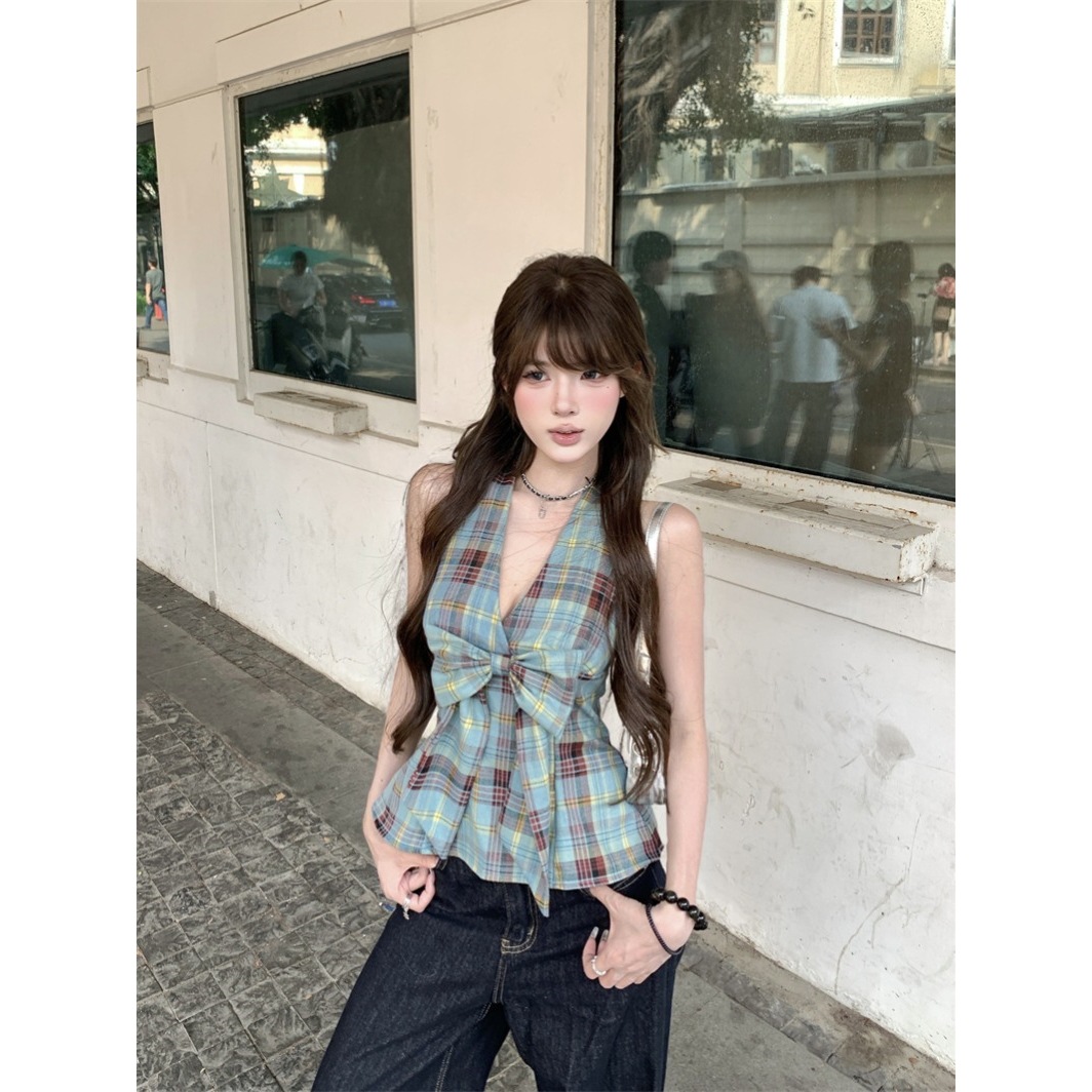 甜辣撞色格纹V领吊带背心女夏季复小众设计感蝴蝶结挂脖短款上衣