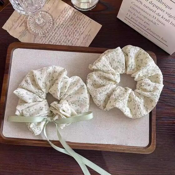 New spring and summer bean paste green fresh floral large intestine hair ring cotton bow ribbon girl hair rope headdress for women