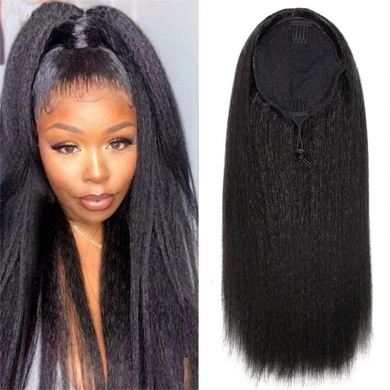 Wig ponytail female European and American YAKI fluffy straight hair natural simulation high temperature silk drawstring high tie chemical fiber ponytail wig Wig ponytail female European and American YAKI fluffy straight hair natural simulation high temperature silk drawstring high tie chemical fiber ponytail wig