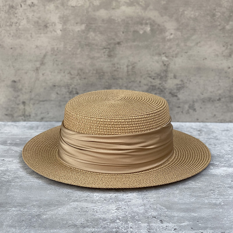 Elegant Socialite Flat-top Straw Hat Japanese Style Simple Top Hat Women's Summer British Retro Seaside Vacation Sunscreen Hat