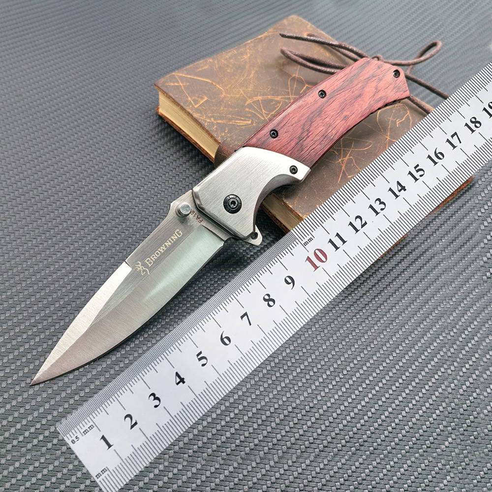 跨境户外防身折叠刀勃朗宁军刀红木手柄锋利水果刀丛林探险小刀