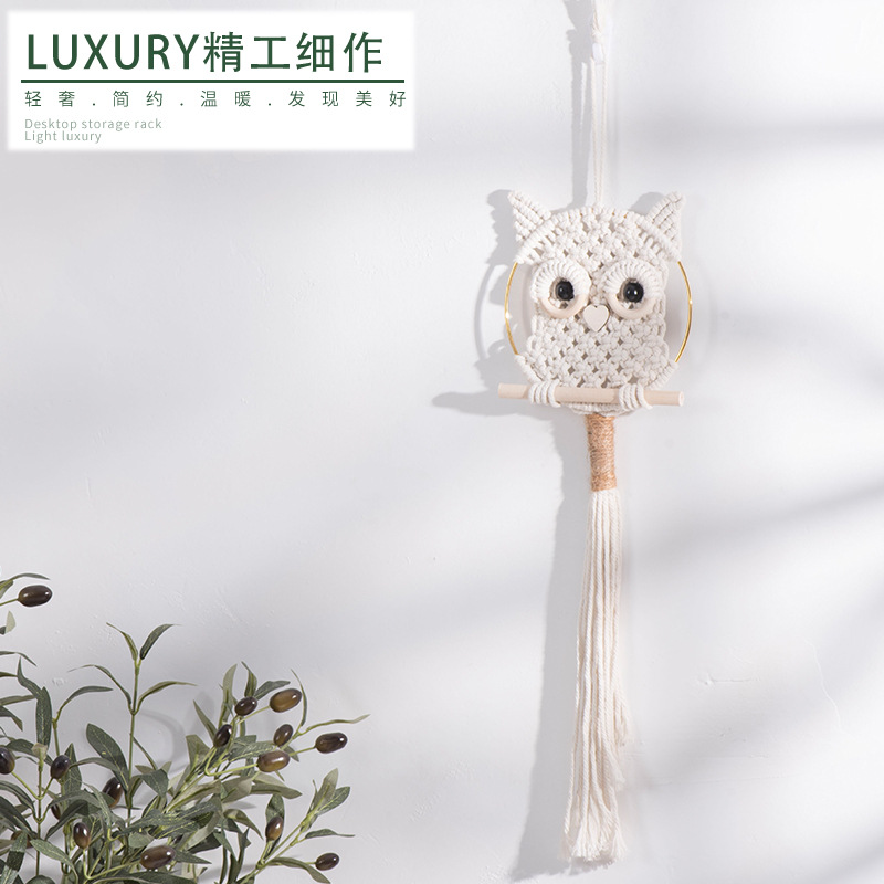 Colgante de búho, cuerda de algodón, tejido a mano, tapiz con borla de estilo bohemio, decoración de pared de casa de familia, colgante de entrada