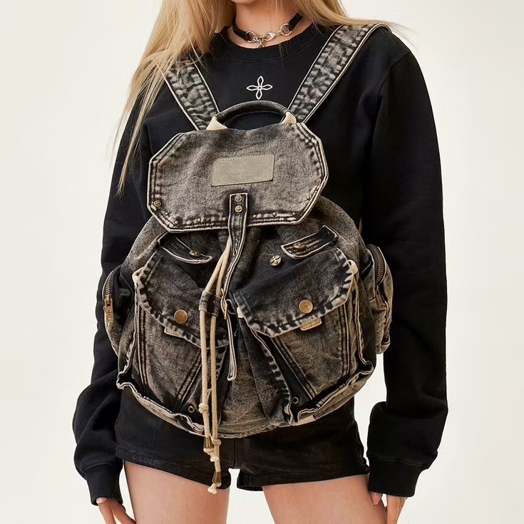 SMFK Mustang Denim Backpack (Large) Retro Large Capacity Washed Bag 24