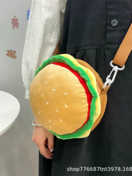 Hamburger-shaped children's crossbody bag, cute cartoon plush shoulder bag for girls, versatile and fashionable cute backpack for going out