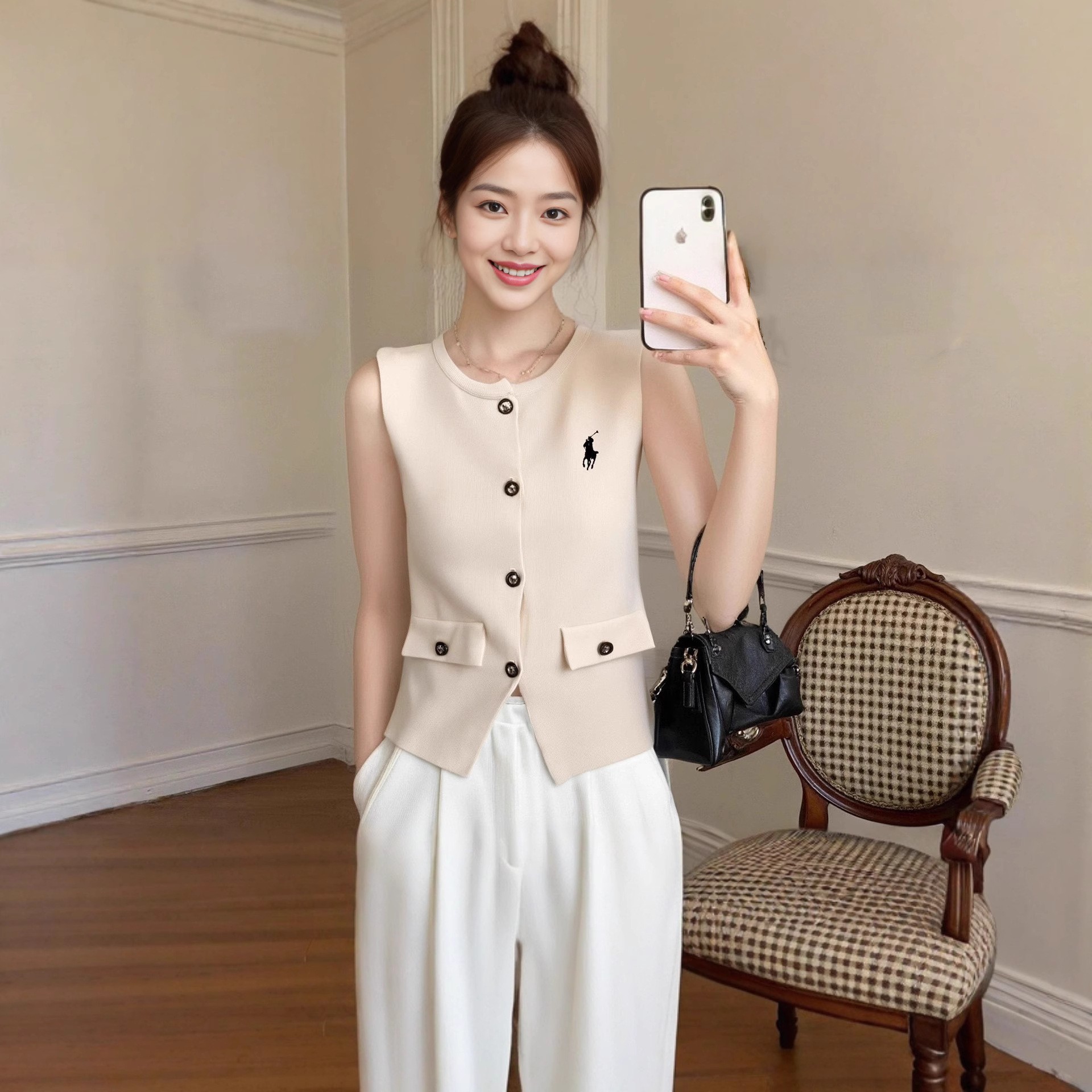 French-Style Sweet Round-Neck Vest for Women, Summer Design, Short Sleeveless Trendy Tank Top