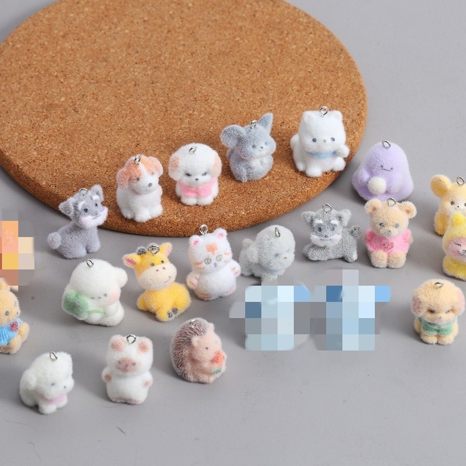 Resin flocked three-dimensional cute little animal keychain handmade DIY sweet and cute doll bag pendant