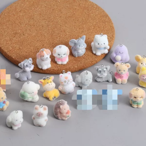 Resin flocked three-dimensional cute little animal keychain handmade DIY sweet and cute doll bag pendant