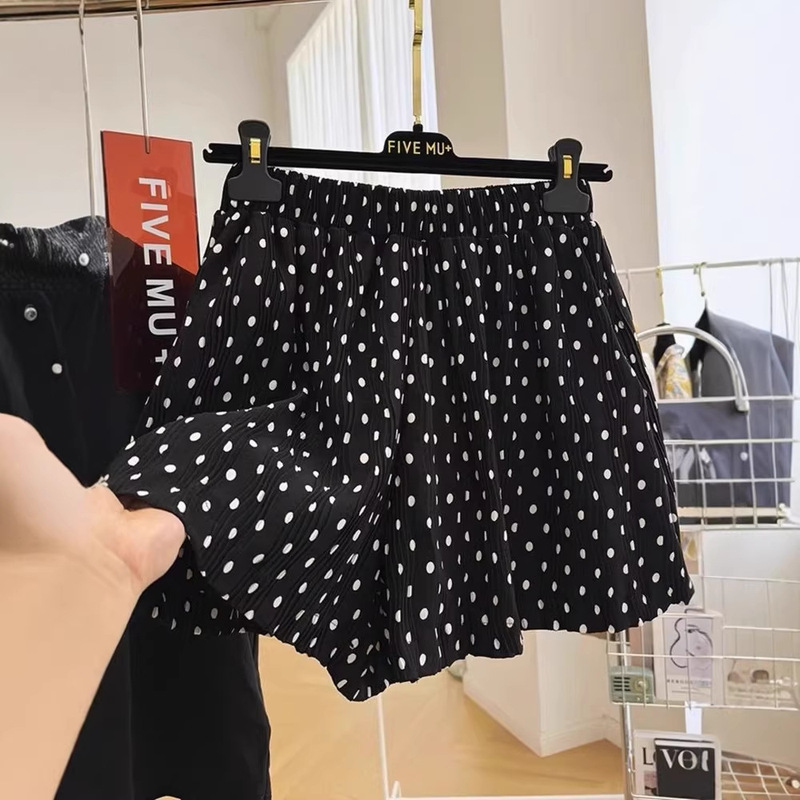 Black Polka Dot Chiffon Casual Shorts for Women Summer 2026 New Plus Size High-Waisted Slimming A-Line Wide-Leg Skirt Pants
