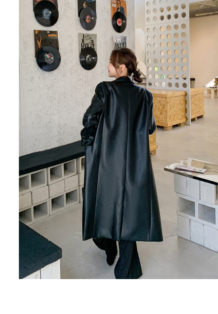 Women's Black Pu Leather Blazer Slim Fit Elegant Spring Coat_voghion.com