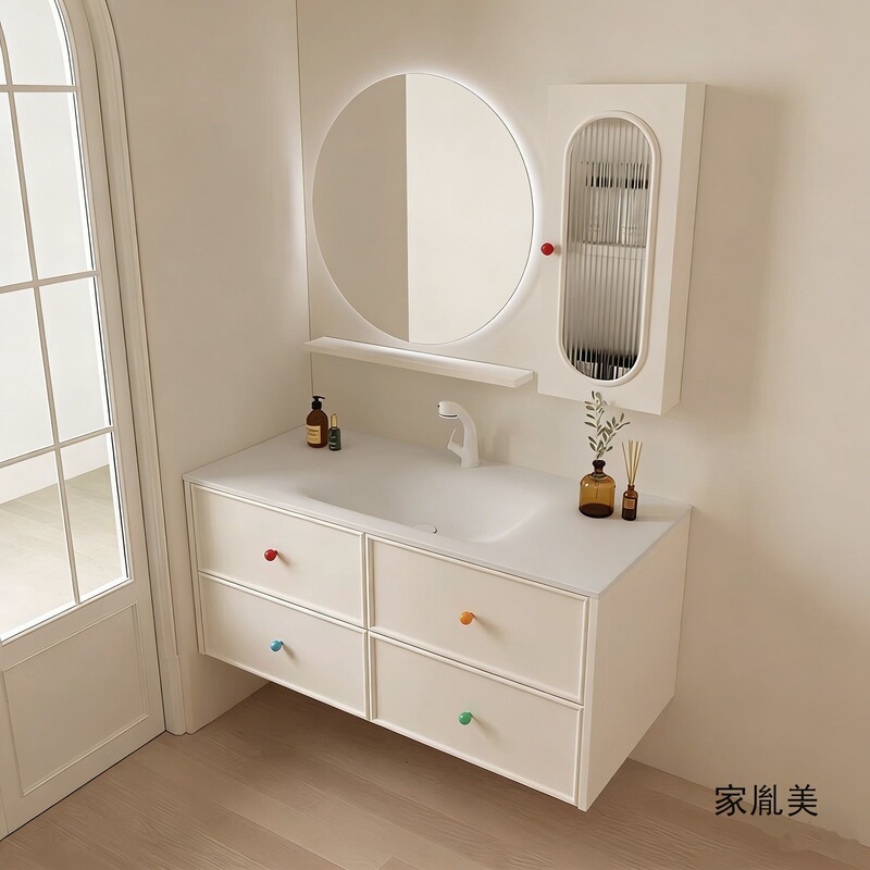 Dopamine cream bathroom cabinet, solid wood combination, ceramic French-style integrated bathroom washbasin Dopamine cream bathroom cabinet, solid wood combination, ceramic French-style integrated bathroom washbasin