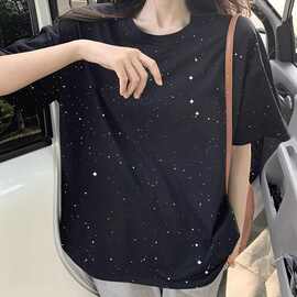 亮片满天星黑色短袖T恤女夏季2026新款设计感美式复古大码上衣潮