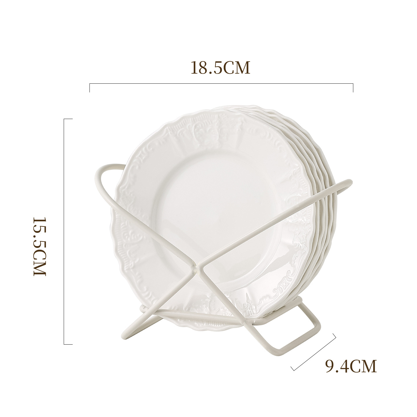 Conjunto de platos de porcelana blanca en relieve francés de Phnom Penh, platos de postres caseros de 6 pulgadas, platos de bocadillos de lujo ligeros con rack de almacenamiento