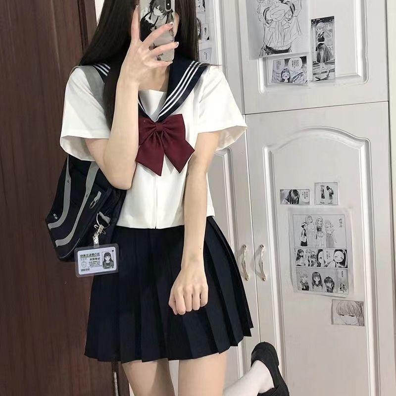 白黒三本JK制服スカートベーシック本格セーラー服日本カレッジスタイルスーツ半袖ミドル服レディース夏|undefined
