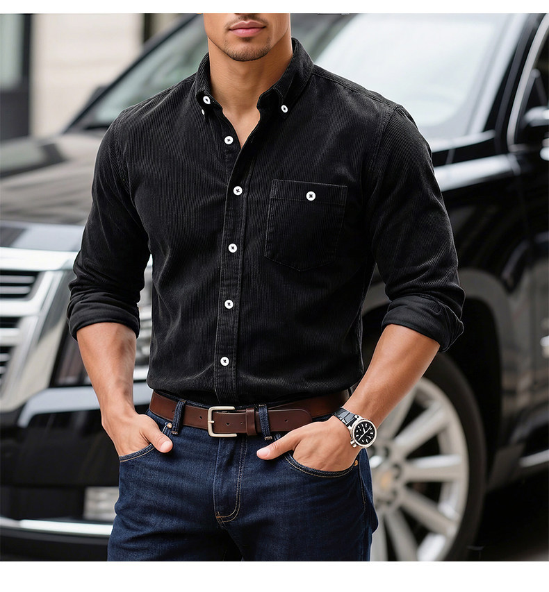 Men's Solid Color Corduroy Long-sleeve Shirt Jacket With Pockets_voghion.com