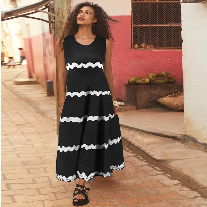 Plus size dames jurk mouwloos met spaghettibandjes gestreept_voghion.com
