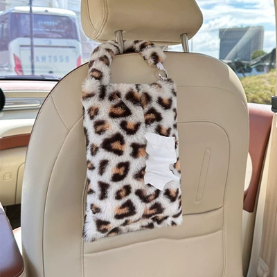 Cross-Border Leopard Print Car Tissue Box Plush Hanging Car Seat Tissue Box Cute Car Interior Decoration Tissue Hanging Bag (Car tissue box/set) - rabbit-fur-leopard-print-tissue-box-gray