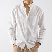 夏季亚麻衬衫男长袖休闲防晒薄款纯色日系复古工装春秋季棉麻衬衣