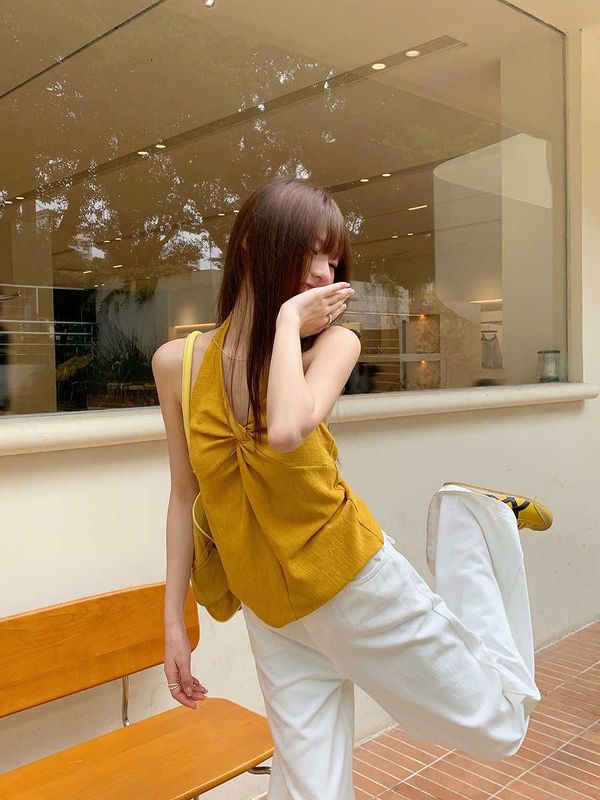 法式辣妹v领挂脖针织刺绣露背背心女夏外穿多巴胺显白柠檬黄上衣|undefined
