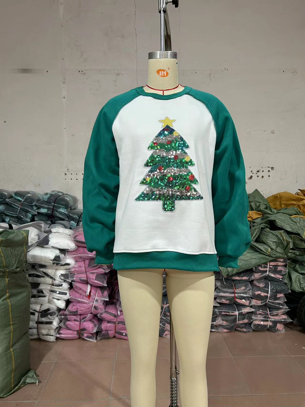 Women's Clothing Christmas tree beads plus velvet sweater women's pullover long sleeved loose top autumn and winter style_voghion.com