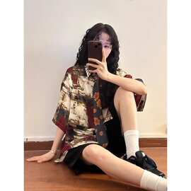 美式复古艺术油画撞色男女短袖衬衫夏季宽松新款休闲潮牌上衣衬衣
