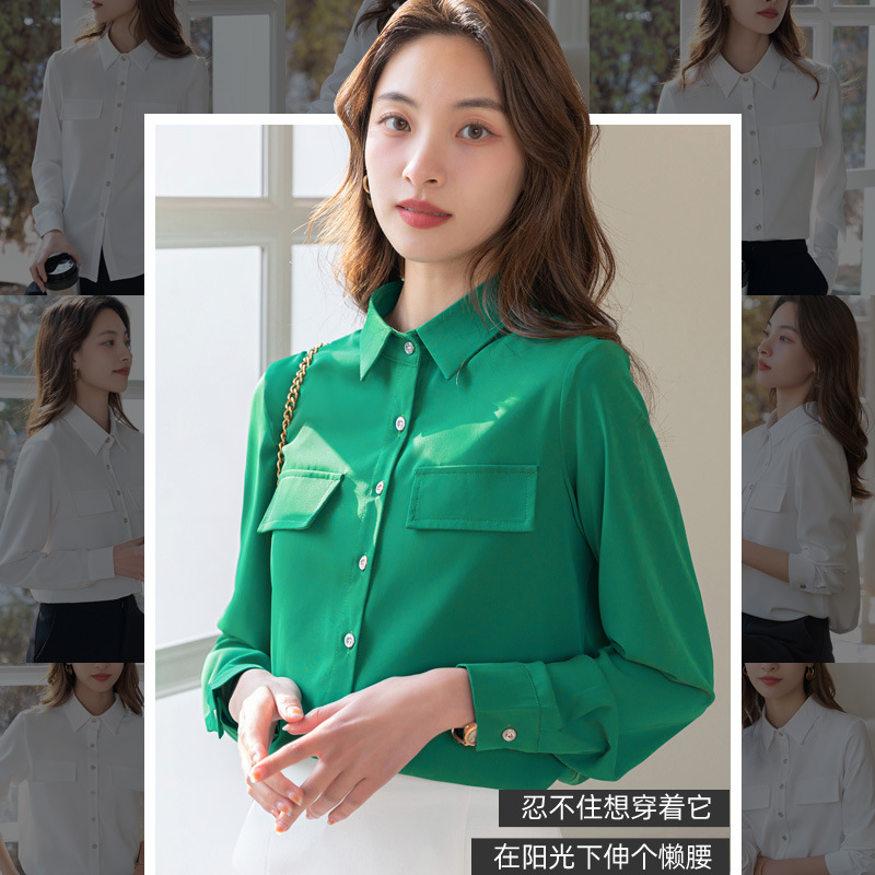 Women's Shirt BV Green Port Style Design 2023 Spring All-match White Long-sleeved Commuter Elegant Professional Chiffon Shirt