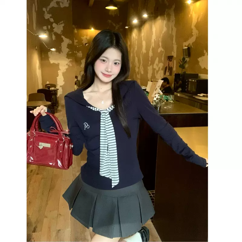 加工定制可加刺绣印花海军领休闲T恤女 秋季韩版学院长袖减龄修身