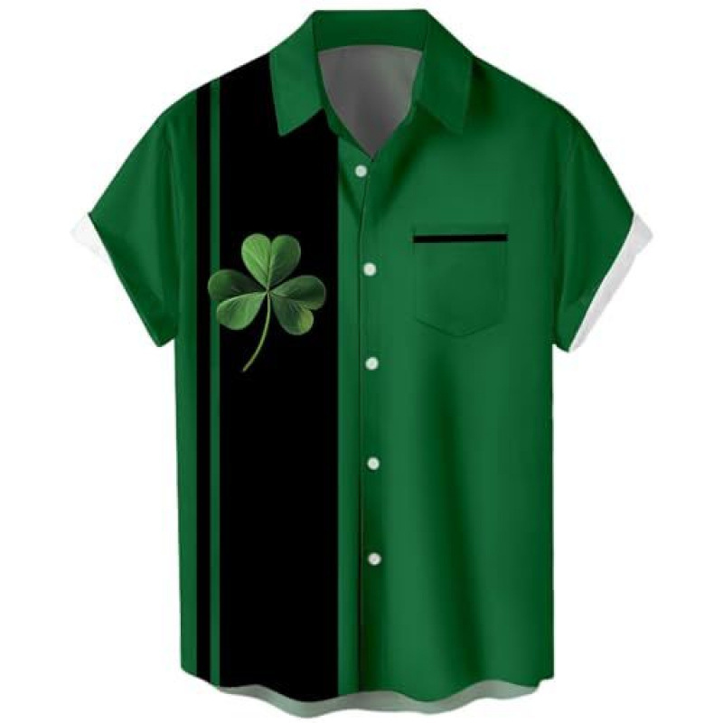 2025 Cross-Border Amazon Summer New Style Green Lucky Clover Print Men's Button-Down Short-Sleeve Shirt 2025 Cross-Border Amazon Summer New Style Green Lucky Clover Print Men's Button-Down Short-Sleeve Shirt