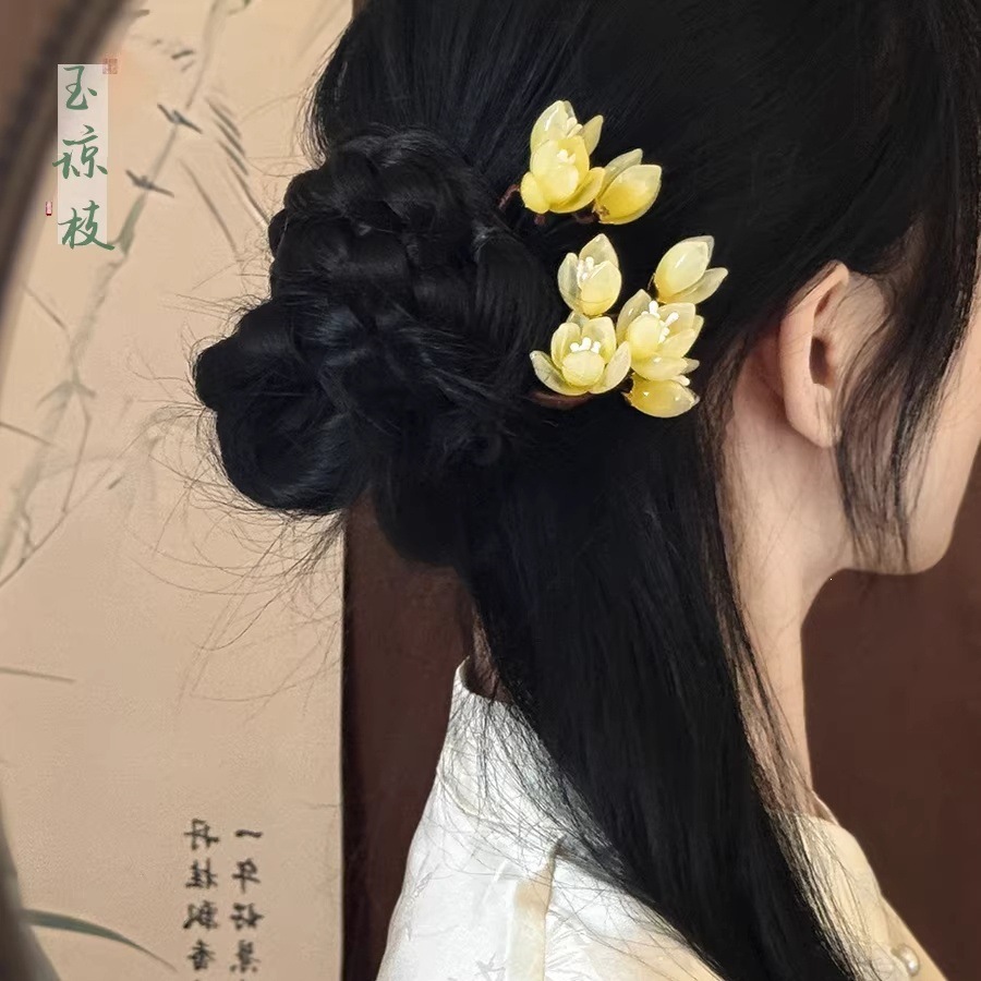 U形唐制发簪玉兰花小唐风汉服头饰复古高级感后脑勺簪子现货批发