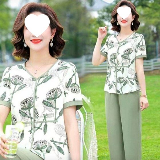 Spring and summer plus size loose temperament leisure western style age-reducing mother short sleeve fashion chiffon suit foreign trade wholesale