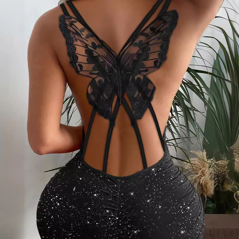 2024 European and American Cross-Border Fashion Back Butterfly Hollow Glitter Stretch Dress