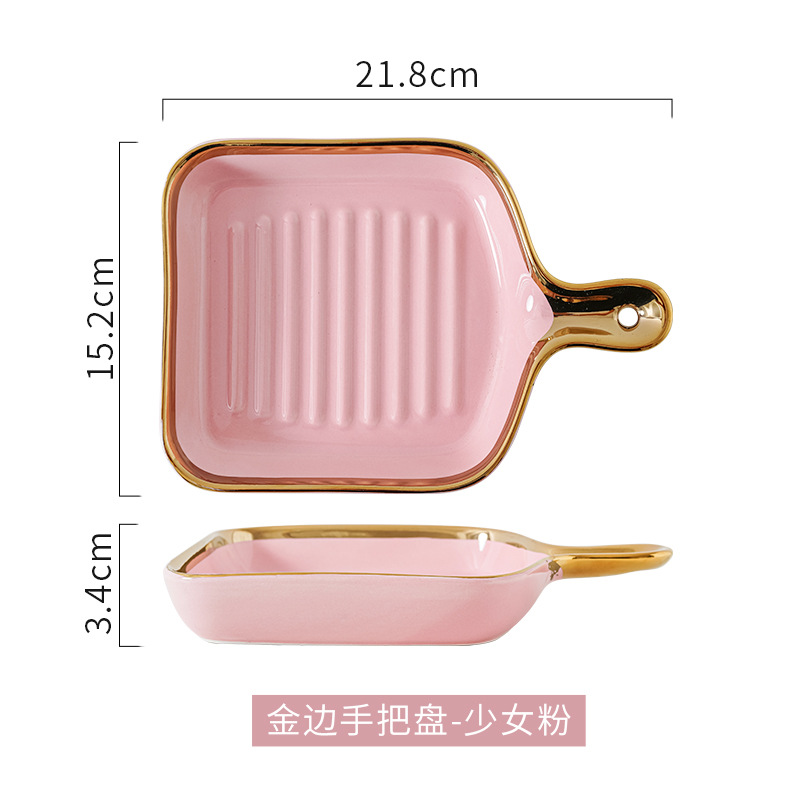 Nórdico creativo vajilla de cerámica rojo neto plato hogar oro borde mango hornear placa ins estilo carne desayuno placa