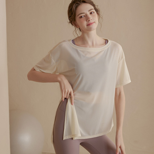 Loose and lightweight sports blouse for women, ice silk-like breathable yoga wear, short-sleeved T-shirt tops, quick-drying running fitness clothes