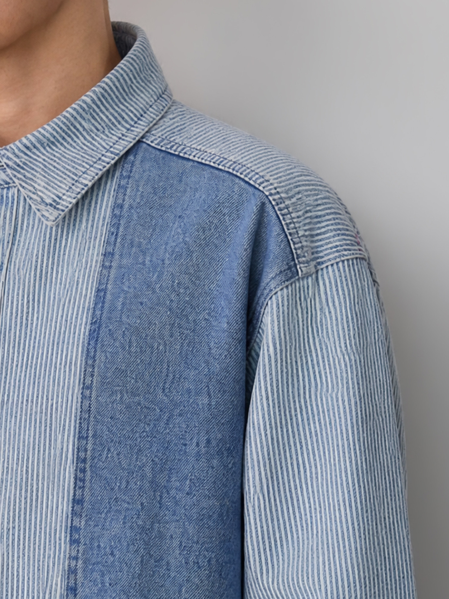 Áo sơ mi denim nam tay dài phong cách cổ điển sọc nối — Cao bồi xanh