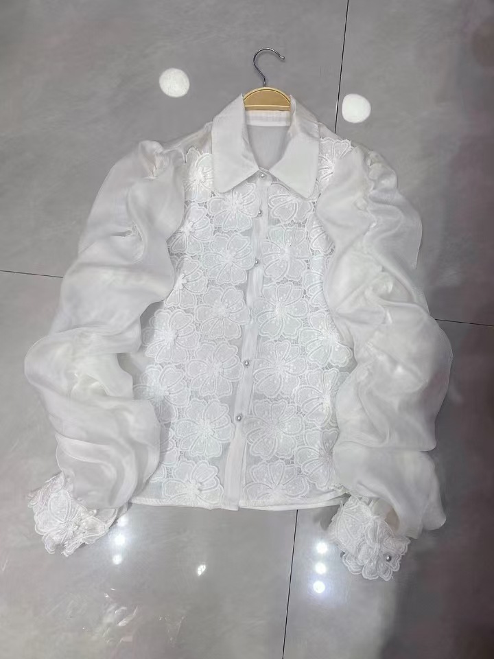 Women's Clothing Light Luxury Temperament Lapel Flower Slim Top Design Niche Single Breasted Shirt_voghion.com