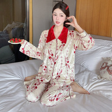 直播代发秋冬长袖金丝绒睡衣女法式撞色大方领印花开衫家居服套装