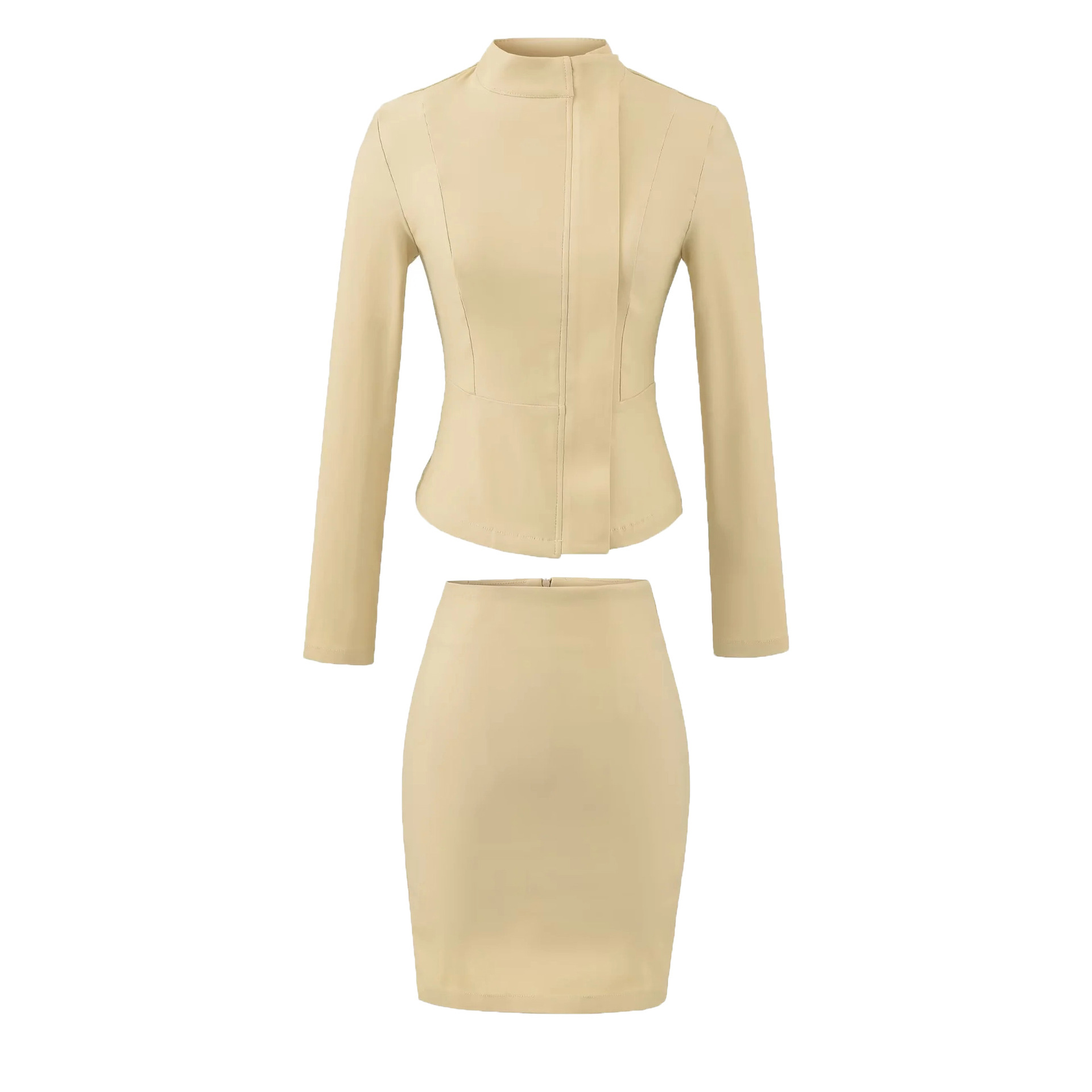 轻熟风气质立领收腰拉链长袖外套女高腰显瘦辣妹包臀裙OL两件套