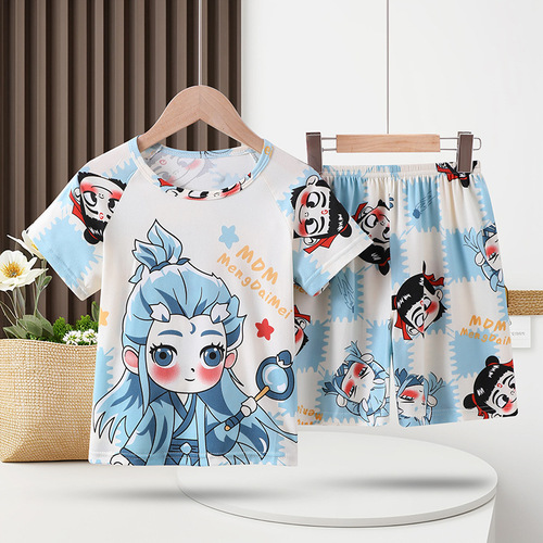 Whichone Children's Summer T-shirt Pajamas, Cartoon Casual Crew Neck Set, Onesie for Boys, Unisex, Short Sleeve