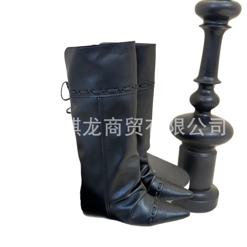 高端2025秋冬真皮复古不过膝西部牛仔靴两穿尖头长靴百搭堆堆靴子|undefined