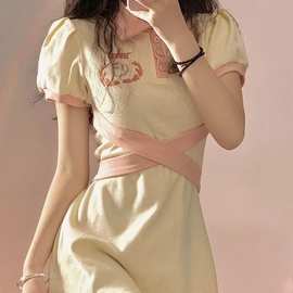 甜美风森系初恋裙樱粉蝴蝶结辣妹裙子女夏季高腰显瘦Polo领连衣裙