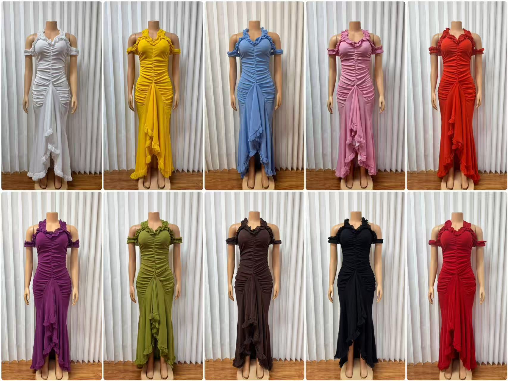 New Women's Multi Colored Mesh Lace Off Shoulder Fishtail Maxi Dress Slim Fit Pleated Design Party Evening Dress_ecoleips.com