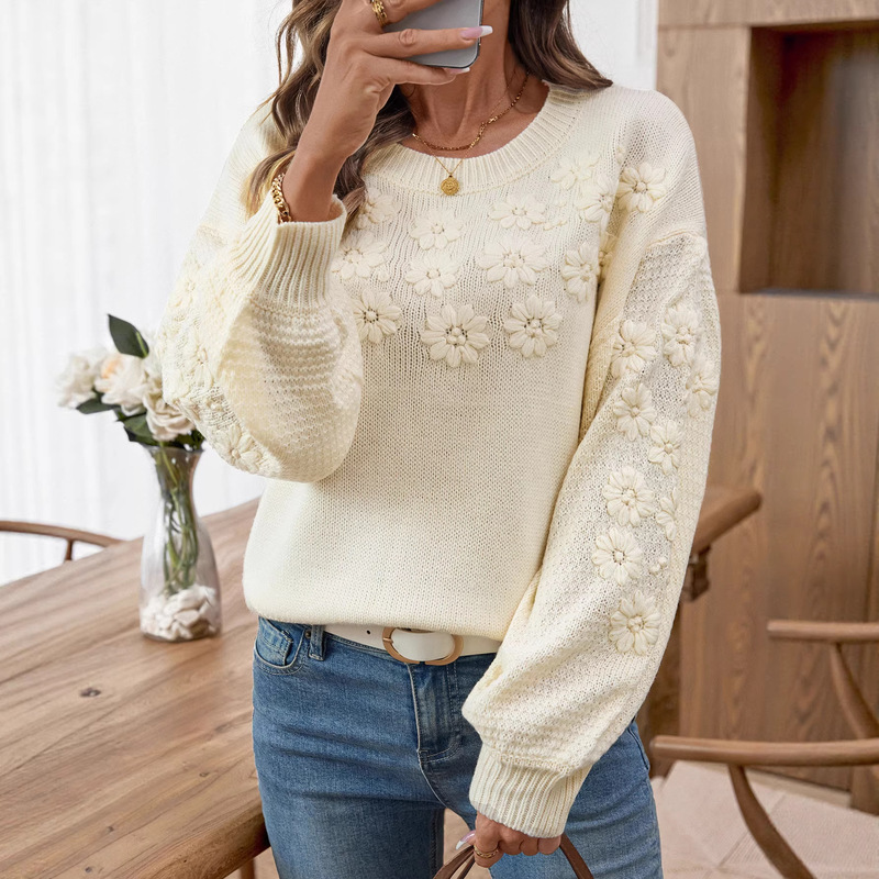 Cross-Border Foreign Trade Autumn and Winter New Style Fresh and Simple Heavy-Duty Embroidered Three-Dimensional Daisy Pullover Round Neck Loose Knit Sweater Cross-Border Foreign Trade Autumn and Winter New Style Fresh and Simple Heavy-Duty Embroidered Three-Dimensional Daisy Pullover Round Neck Loose Knit Sweater