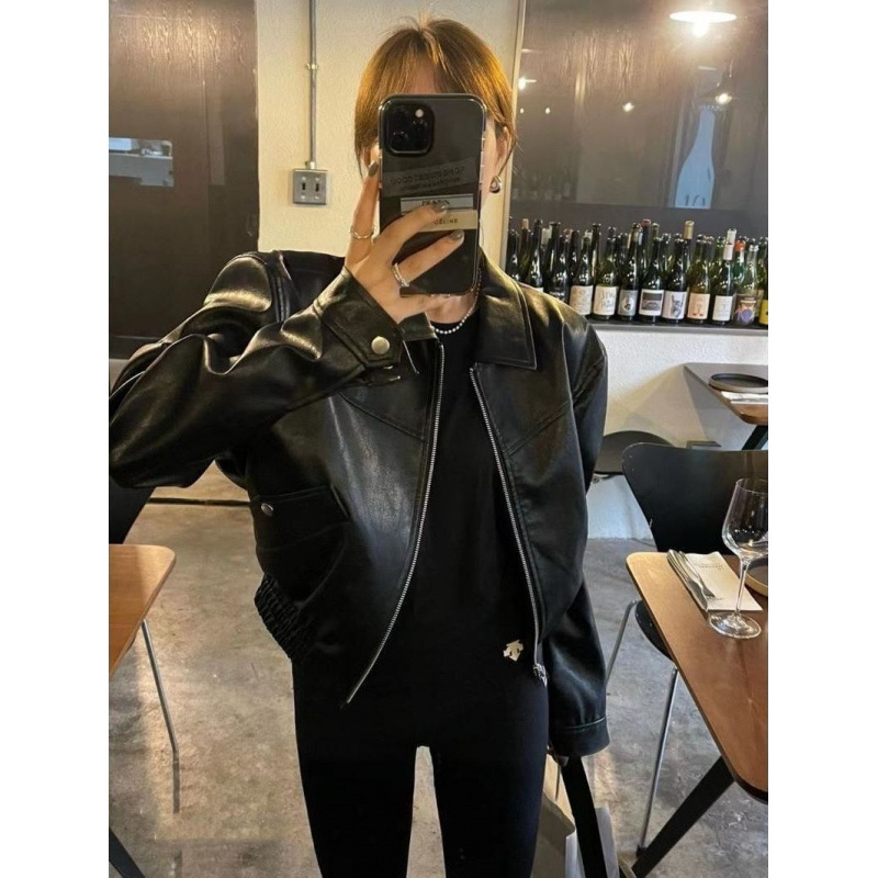 Black Short Leather Jacket Women's Autumn New American Style Retro Trendy Cool Spice Girls Puleather Jacket All-match Top
