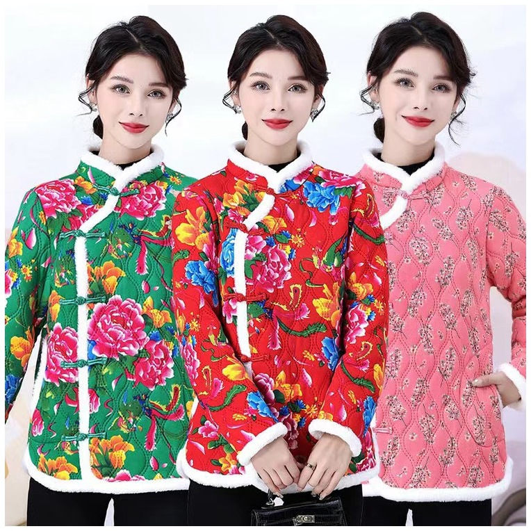 妈妈旗袍小棉衣加绒加厚棉服外套上衣中老年女民族风花棉袄秋冬款