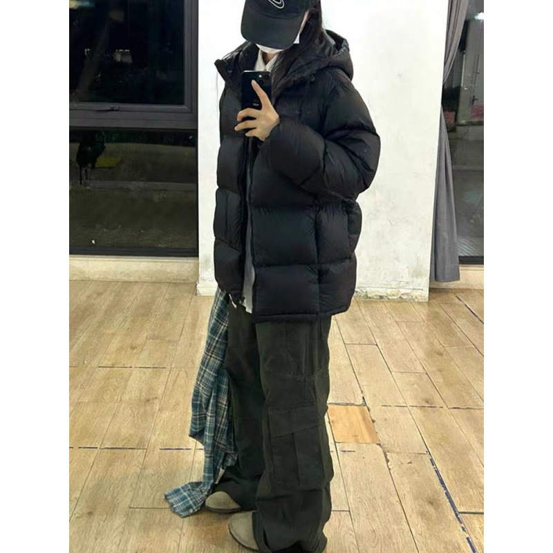 Black hooded cotton jacket for women in winter 2025 new Korean version solid color thickened warm couple bread jacket cotton jacket