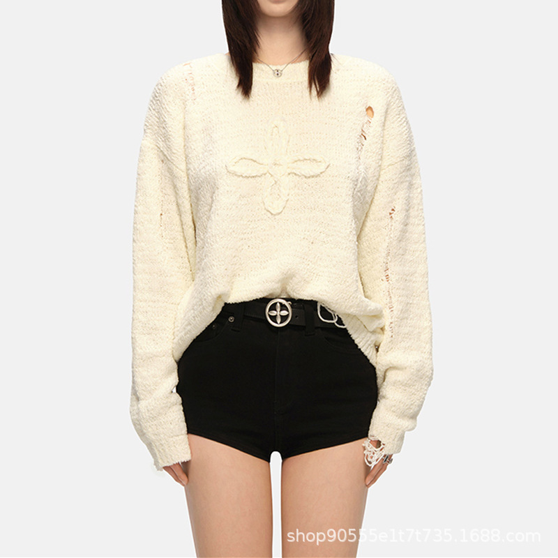 Spot SMFK Wilderness Wandering Wool Sweatshirt Star Same Style Round Neck Ripped Woolen Loose Knitwear for Women