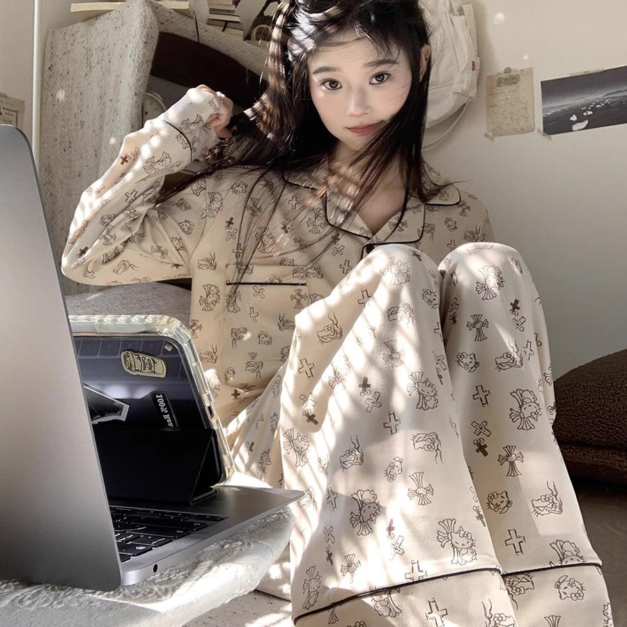 Ice Silk Pajamas, Women's High-End Pajamas, Cute Kt Cat Pajamas, Long-Sleeved Spring and Autumn Wearable Home Clothes