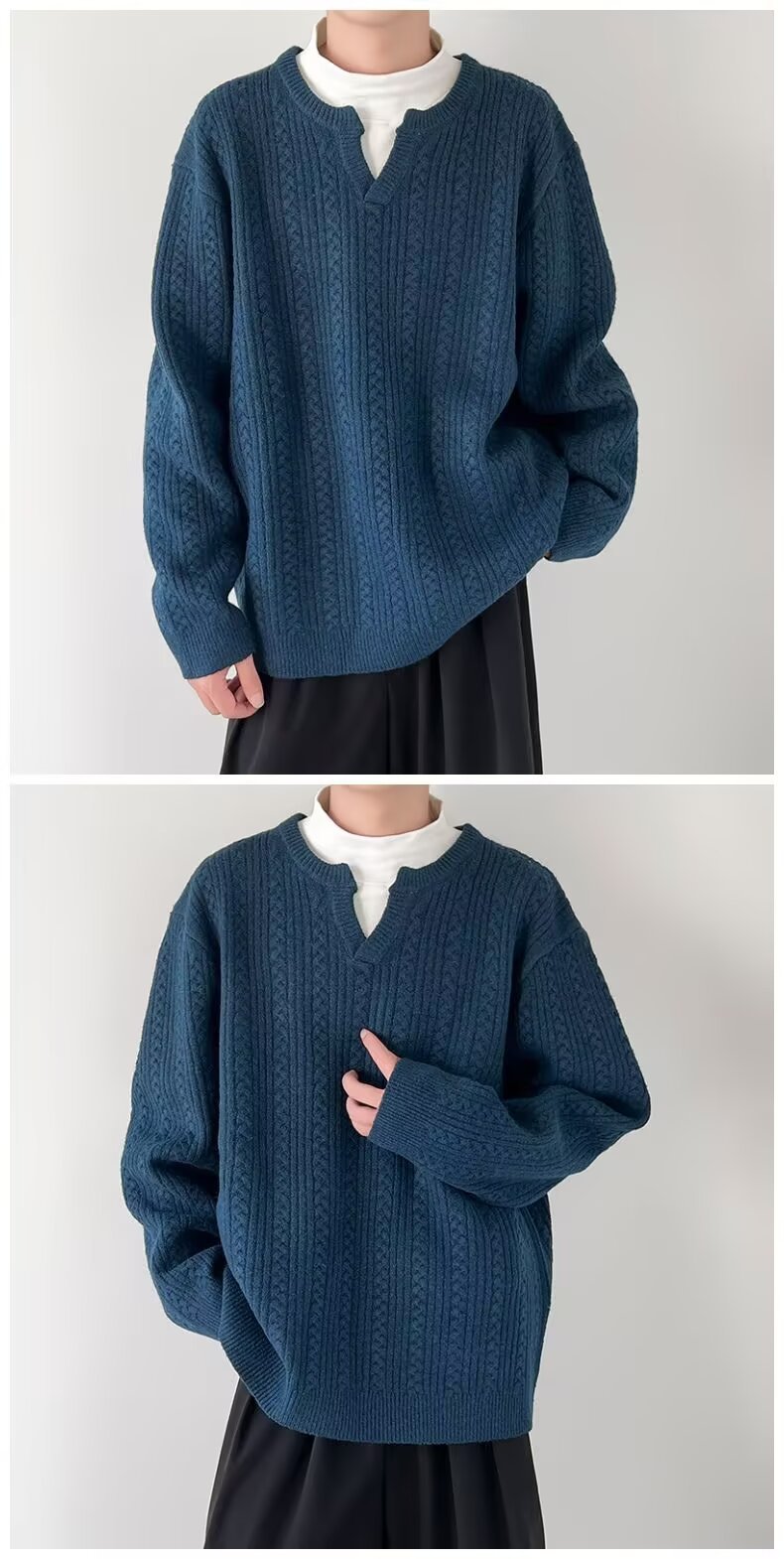 Pull en tricot à col en v pour homme en mélange coton hiver_voghion.com